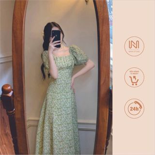 V51-Váy xòe cổ vuông nhún ngực chun vai xanh cốm