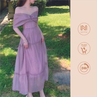 V47 - Váy xòe xòe 3 tầng trễ vai tím