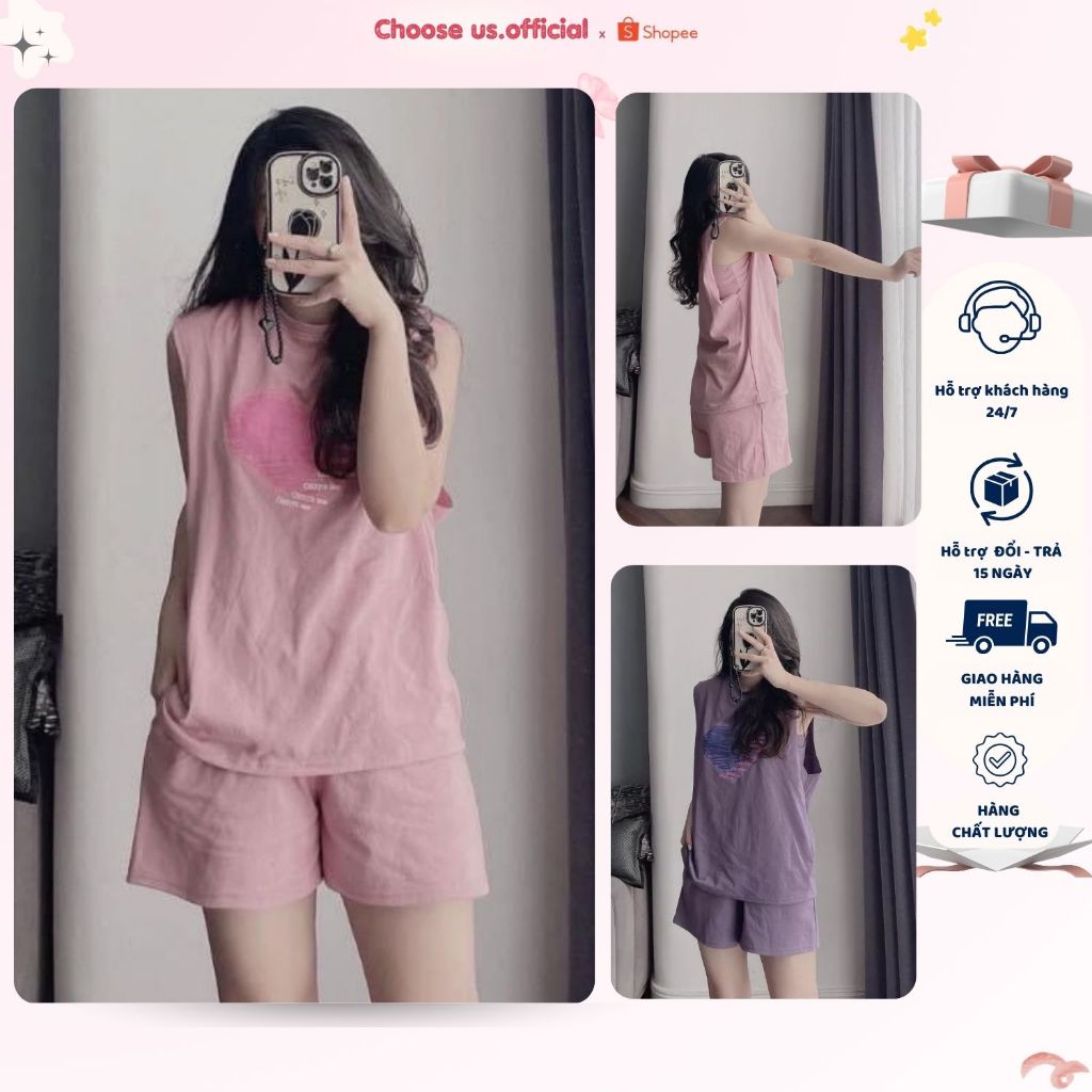 Set Đồ Bộ Nữ Mặc Nhà Tanktop Sát Nách Quần Cộc In Hình Họa Tiết Dễ Thương Chất Cotton CS019 | BigBuy360 - bigbuy360.vn