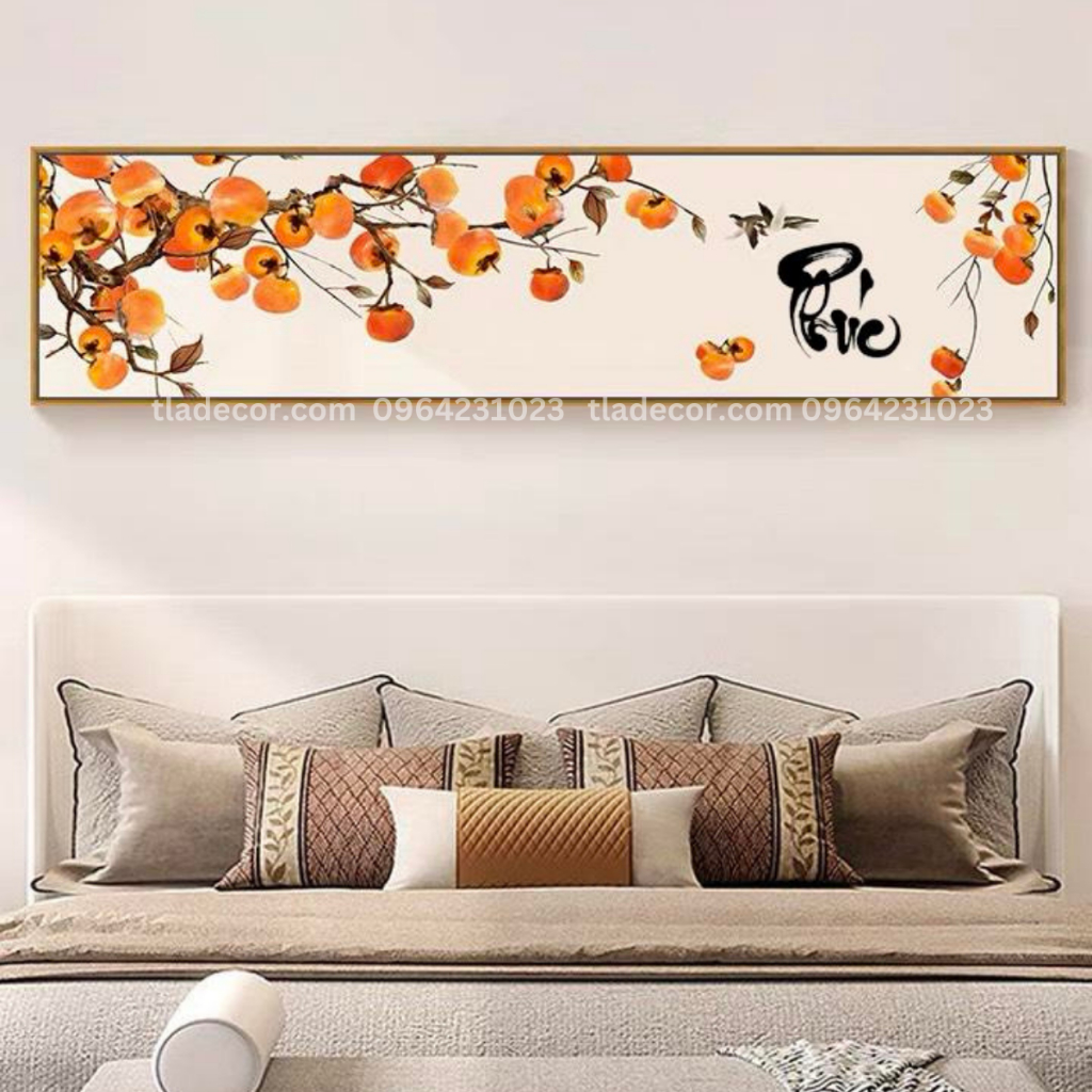Tranh treo tường cành hồng trĩu quả chữ Phúc may mắn sung túc đủ đầy | Tranh canvas treo tường phòng
