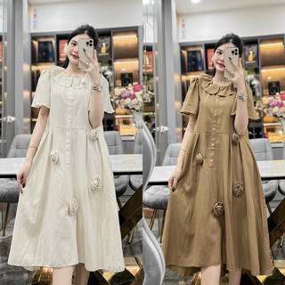 Váy thiết kế [ NH Clothing chuẩn ] cao cấp mềm mại linen hoa hồng cổ nhún