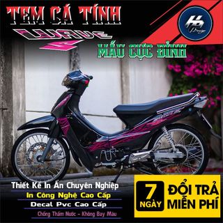 Tem wave 110 lửa tím dán xe màu đen chất 2024-tem lửa wave 110,in chất liệu decal trắng 3 lớp không bay màu