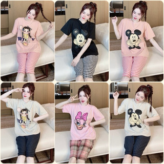  Set đồ bộ đùi lửng dài cổ tròn Áo thun cotton phối quần đũi caro in hình xinh xắn