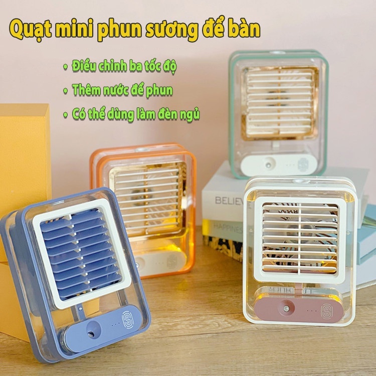 Quạt Hơi Nước Nano Để Bàn Trong Suốt Thiết  Kế Nhỏ Gọn Sạc Tích Điện Cảm Ứng Thế Hệ Mới ĐỦ MÀU