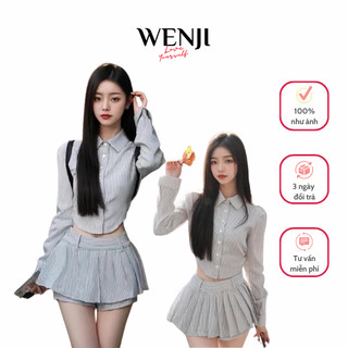  Set áo sơ mi kẻ sọc dài tay kèm quần váy xếp ly WENJI STORE Set đồ nữ sang chảnh đi học đi chơi hottrend Douyin 