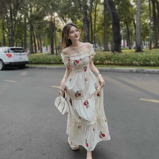 Đầm nữ dáng xòe dài trễ vai chiết eo tôn dáng họa tiết hoa phù hợp mùa hè đi biển