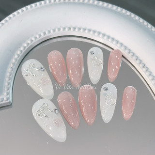 Nail box tim thạch nơ nhũ hồng, móng giả thiết kế