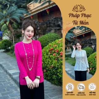 Áo bà ba nữ dài tay lụa gấm vân hoa Bộ bà ba cổ tròn đi chùa cách tân Pháp phục lễ chùa xẻ tà duyên dáng