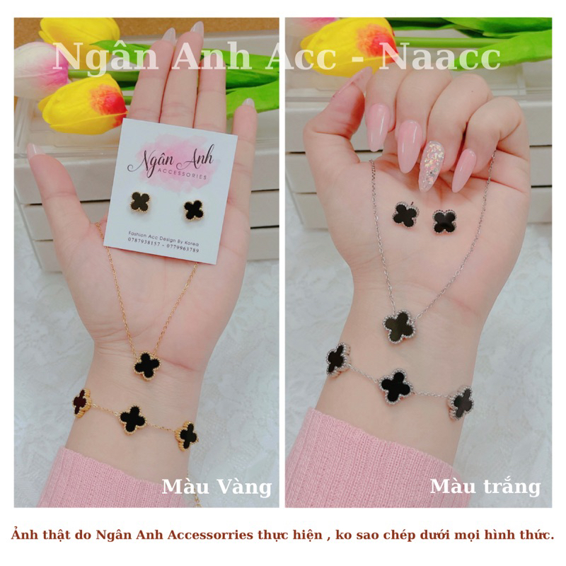 Set Trang Sức dây chuyền titan + khuyên tai + vòng tay cỏ 4 lá may mắn siêu hot (Có bán lẻ từng món)𝐍𝐀𝐚𝐜𝐜 -𝐍𝐠𝐚̂𝐧 𝐀𝐧𝐡 𝐀𝐜𝐜