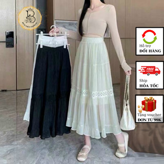 Chân váy xếp li dáng A dài xòe 3 tầng chất liệu vải tơ đũi mát mềm mại cao cấp thời trang vintage 2024 - CV125
