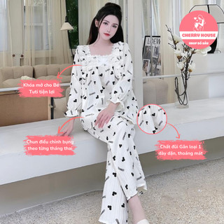 Bộ Đồ Sau Sinh Dài Đũi Gân Loại 1 Áo Kéo Khóa Ti Cho Con Bú Quần Chun Chỉnh Bụng Thiết Kế Cổ Vuông Ren Hiện Đại