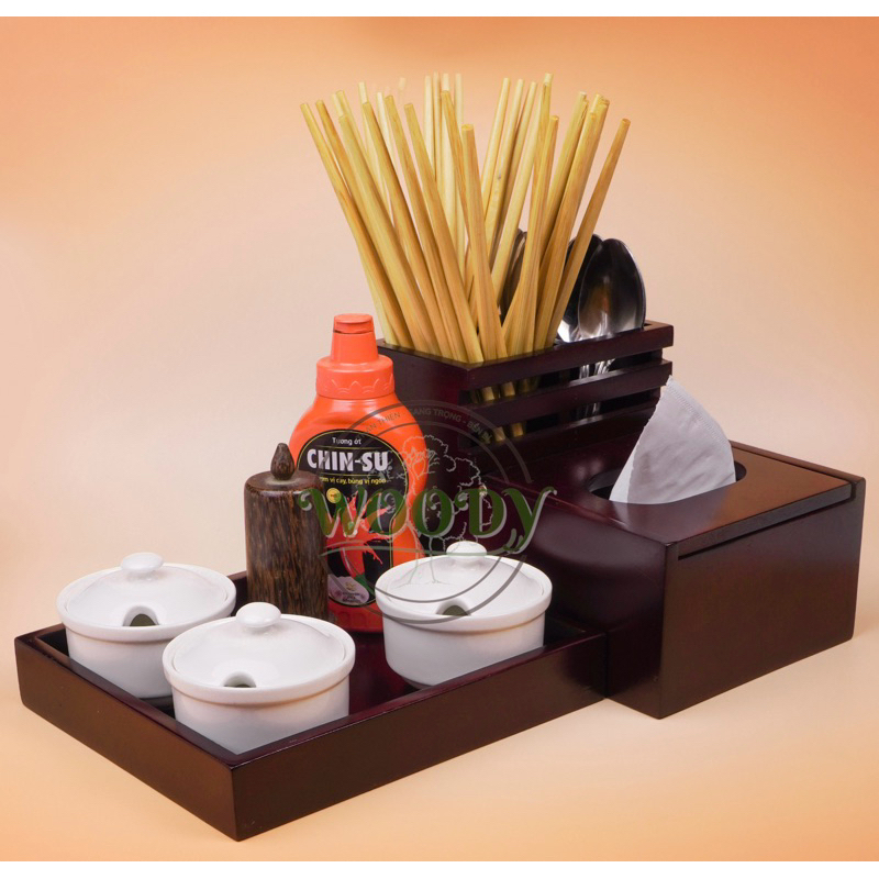 Bộ Khay Hộp Đựng Giấy Ăn, Thìa, Đũa, Gia Vị Bằng Gỗ Chuyên Dùng Cho Quán Ăn Sáng, Quán Cơm, Nhà Hàng -Comboo Số 1