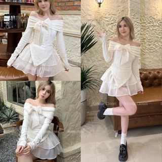  Sét áo trễ vai đính nơ trắng kèm chân váy voan xoè 2 tầng Áo thun dài tay trễn vai ôm body vạt chéo dễ thương dự tiệc 