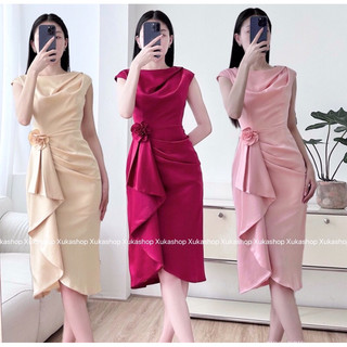 Đầm dự tiệc chất lụa satin xếp ly xẻ tà sang chảnh
