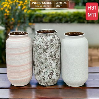 Bình cắm hoa gốm Bát Tràng dáng trụ men atlantic rustic, bình hoa cao 31cm miệng 11cm trang trí nhà cửa