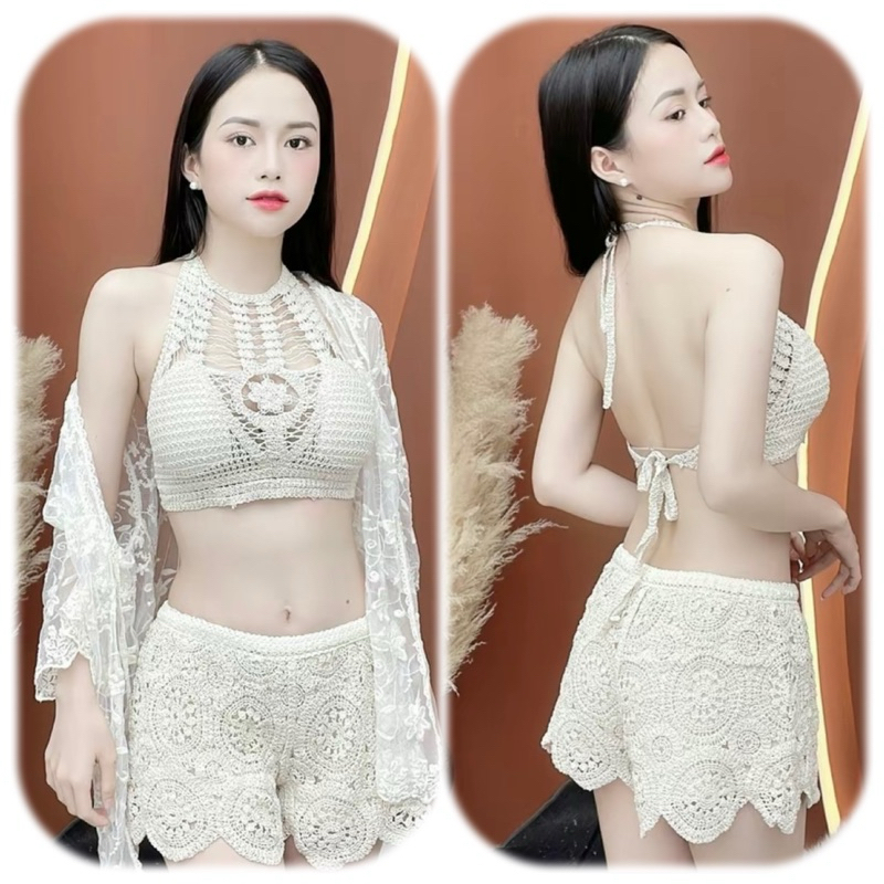 48-Set bikini đi biển len móc 3 món gồm áo bra yếm trơn-áo choàng mỏng tay lỡ-quần sóc đồng xu hàng QC