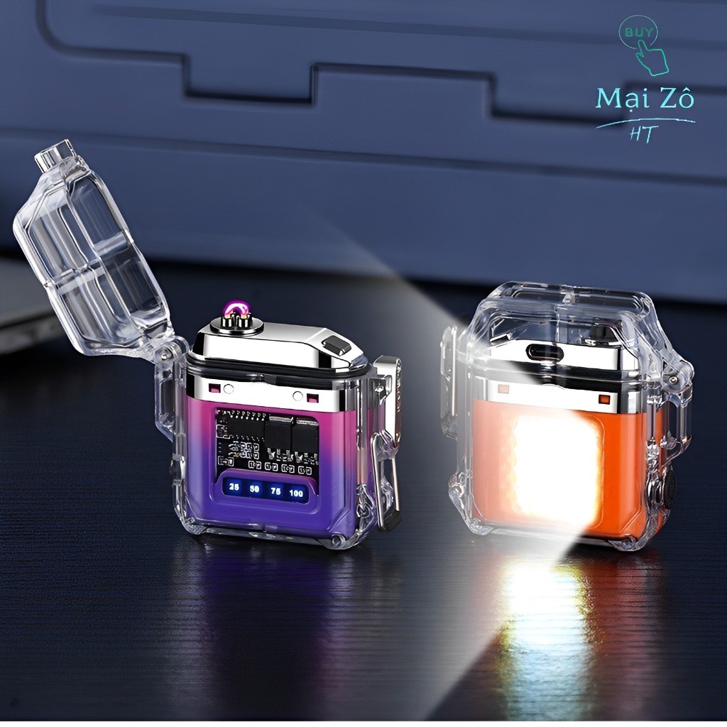 Quẹt điện tạo tia plasma vỏ trong suốt kiêm đèn pin 3 chế độ - kèm hộp và dây sạc type C.