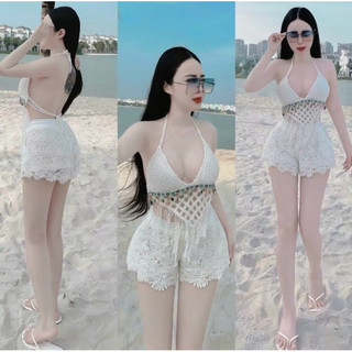 49-Set ren đi biển -bikini len móc 3 món sang chảnh cho nữ 2022