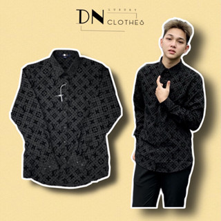 ⚜️[Cao cấp - Loại 1] Áo Sơ Mi Lv Đen Hoạ Tiết Logo Chất Nhung Mịn - Áo Sơ Mi Nam Nữ Dài Tay Chất Lượng