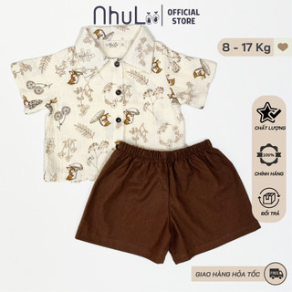 Đồ bộ bé trai NHULII bộ sơ mi xô muslin quần đủi sóc nâu cho bé 8-17 Kg NI054