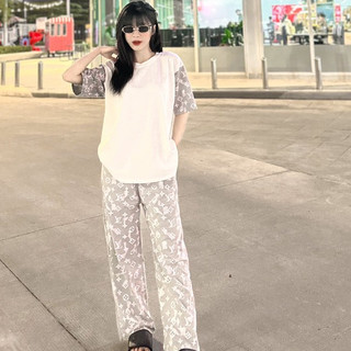 Set đồ nữ Lv quần ống suôn kèm áo thun phối tay chất cotton dày dặn thoáng mát