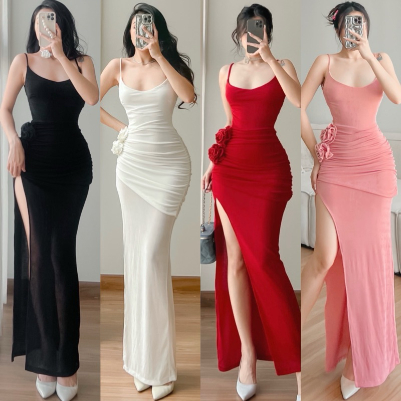 𝐃𝟐𝐓 𝐎𝐅𝐅𝐈𝐂𝐈𝐀𝐋 Đầm Body Maxi Thun Nhũ Đính Hoa Xẻ Đùi Hở Lưng Sexy Tôn Body Sang Trọng