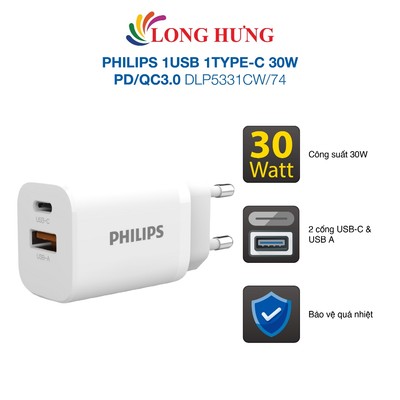 Cốc sạc Philips 1USB 1Type-C 30W PD/QC3.0 DLP5331CW/74 - Hàng chính hãng