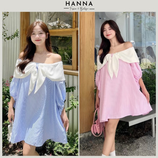 Váy trễ vai phối nơ ngực dáng xuông babydoll tay bồng, váy dễ thương cực xinh