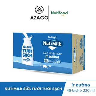 Thùng 48 Bịch NutiMilk Sữa tươi tươi sạch tiệt trùng Ít đường 220ml - Thương Hiệu NUTIFOOD - AZAGO