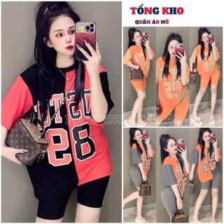 Bộ thun tay lỡ phối màu in chữ số lệch, Đồ bộ thể thao quần lửng áo form rộng phá cách nổi bật - TONGKHO