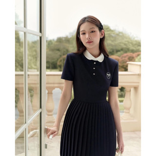 Đầm váy phối cổ sơ mi xếp ly xoè đính nơ thêu đính cúc màu xanh đen thanh lịch basic