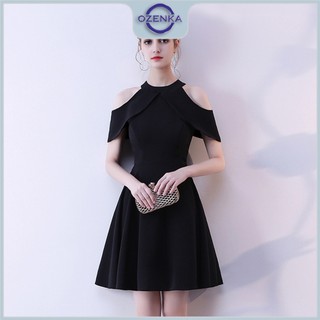 Váy ngắn xòe nữ sang chảnh hở vai ozenka , đầm nữ sexy dáng a trễ vai đen trắng mặc đi dự tiệc sự kiện