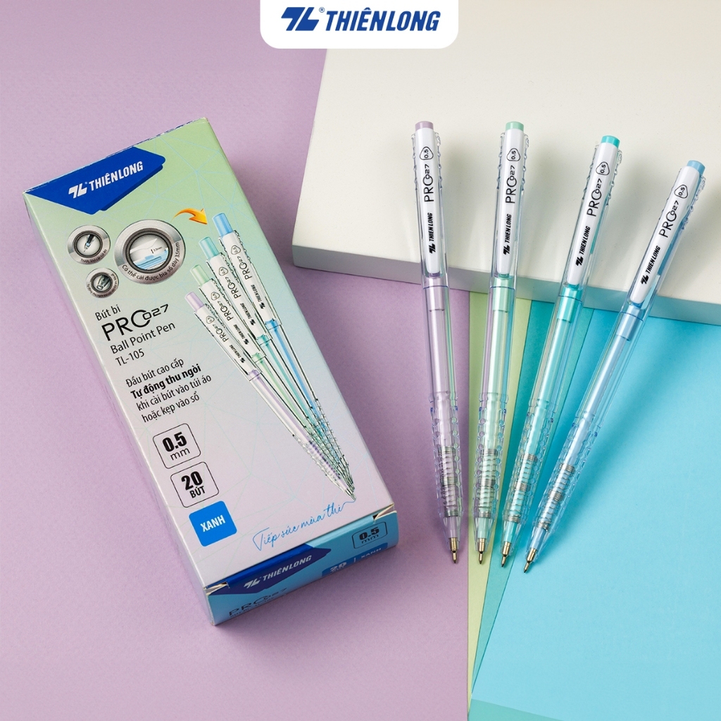 Combo Bút bi Thiên Long Pro 027 TL-105 màu pastel ngòi 0.5mm - Bút bi mực xanh, đỏ đen, viết bi tự động thu ngòi bút