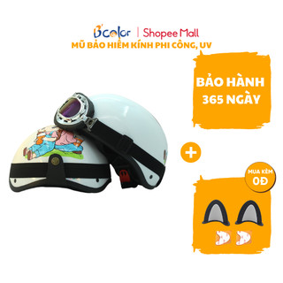 Mũ Bảo Hiểm B'COLOR Màu Trắng Hình Nam Nữ Trà Sữa Loại Nửa Đầu Kèm Kính Thời Trang