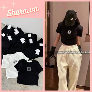 Áo Thun Cộc Tay Body Thêu Logo Ngực Dáng Ngắn Croptop Shara SR947 KT Áo Thun Croptop Hai Màu Basic Phogn Cách Tối Giản