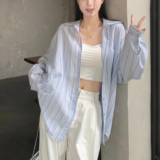 Áo sơ mi nữ tay dài TiQi Jeans sọc xanh hồng form rộng A80