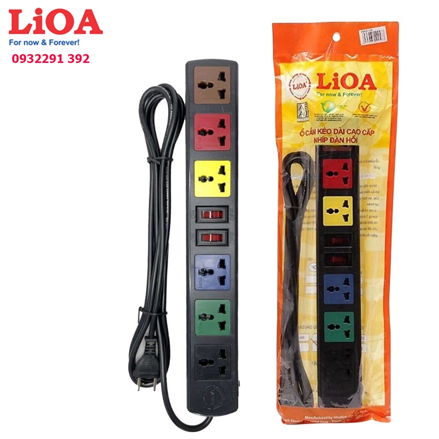 Ổ cắm điện LIOA, 6 lỗ, có công tắc, ~2000W, dây dài 3m/5m, mã:6DN. Hàng LiOA chính hãng.