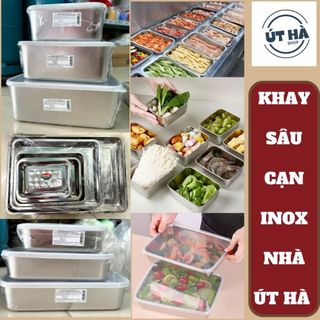 Khay inox hình chữ nhật kèm nắp đựng thức ăn topping, khay inox đựng đồ, mâm inox hình chữ nhật sâu/ cạn đủ kích thước