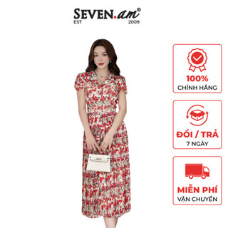 Đầm midi tay cộc be hoa đỏ hoạ tiết thời trang nữ Seven.AM H633486K