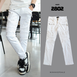 Quần jean Nam Amiri trắng vá gối xờn lót nhăn khoá 2 bên đùi phong cách, quần bò nam hàng Quảng Châu co dãn tốt [2802]