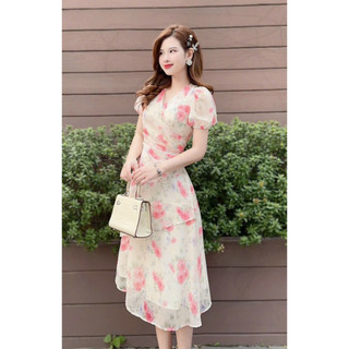 Váy đầm nữ dự tiệc voan hoa dáng dài cổ chữ v tay ngắn dễ thương cho nàng đi chơi và dạo phố vip 177