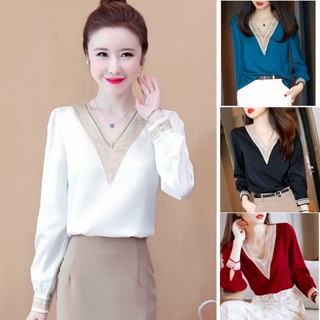 Áo Sơ Mi Nữ Cao Cấp Tay Dài Cổ V Ren