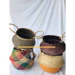 Giỏ Cói Đa Năng Có Quai Trồng Cây Decor, Đựng Đồ Tiện Dụng (Màu Tự Nhiên Phối Kẻ) Có Ảnh Thật