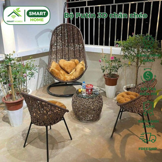 Bộ PuTin 3D chân chéo giả mây SmartHomes lõi thép dùng thư giãn trang trí sân vườn decor quán cafe