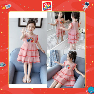 Váy ren lưới cộc tay hồng họa tiết cầu vồng cho bé gái mặc xuân hè (N00650)