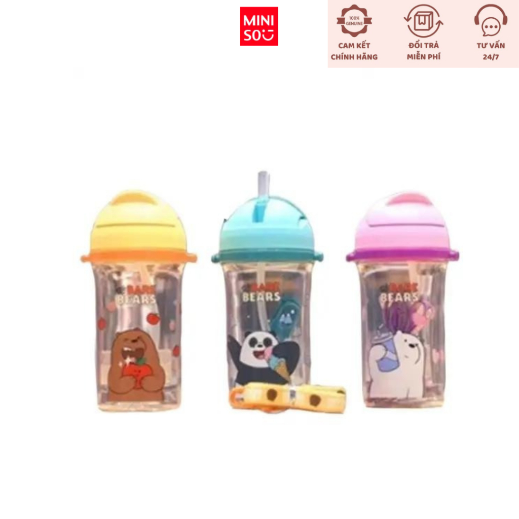 Bình nước  họa tiết  we bare bears có ống hút, dây đeo chính hãng Miniso 400ml cho học sinh