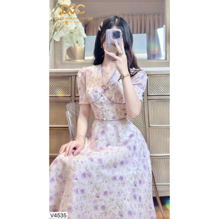 V4535 Váy đầm hoa dáng xoè cổ V nhẹ nhàng tiểu thư , mặc đi làm đi chơi thiết kế cao cấp- CHÍNH HÃNG DVC