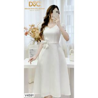 V4591 Váy đầm dự tiệc màu trắng dáng xoè cổ V đính hoa eo thiết kế cao cấp - CHÍNH HÃNG DVC