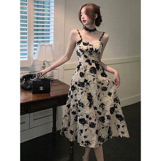 Đầm maxi dài hai dây hoa đen gợi cảm, váy maxi hai dây dáng dài khí chất phong cách Pháp 1475