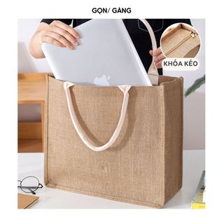 Túi cói đi biển đựng đồ vừa A4 laptop có khóa kéo hoặc cúc bấm chuẩn form hàng đẹp đi làm đi chơi du lịch biển Gọn Gàng